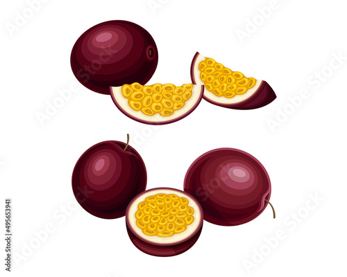 Ripe tropical passion fruit set. Sweet exotic maracuya fruit vector illustration
