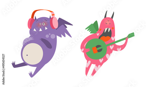 Cute monsters in different actions set. Funny toothy monster characters listening music and singing cartoon vector illustration