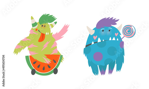 Cute funny toothy monsters in different actions cartoon vector illustration