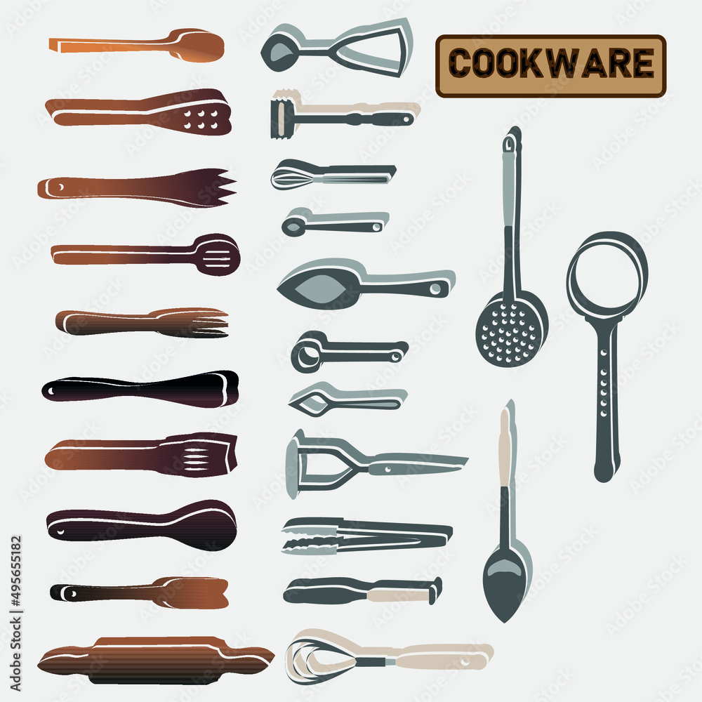 Set of kitchen utensils with shadows and 3D effects