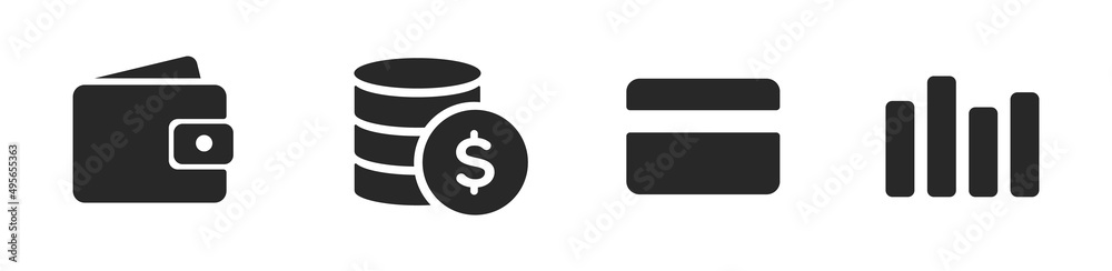 Finance and bank icons. Business and coin icons, money signs. Money silhouette collection. Wallet with cards icon. Coins silhouette icon. Growth chart. Moneybag or credit card symbol. Finance and bank icons. Business and coin icons, money signs. Money silhouette collection. Wallet with cards icon. Coins silhouette icon. Growth chart. Moneybag or credit card symbol.