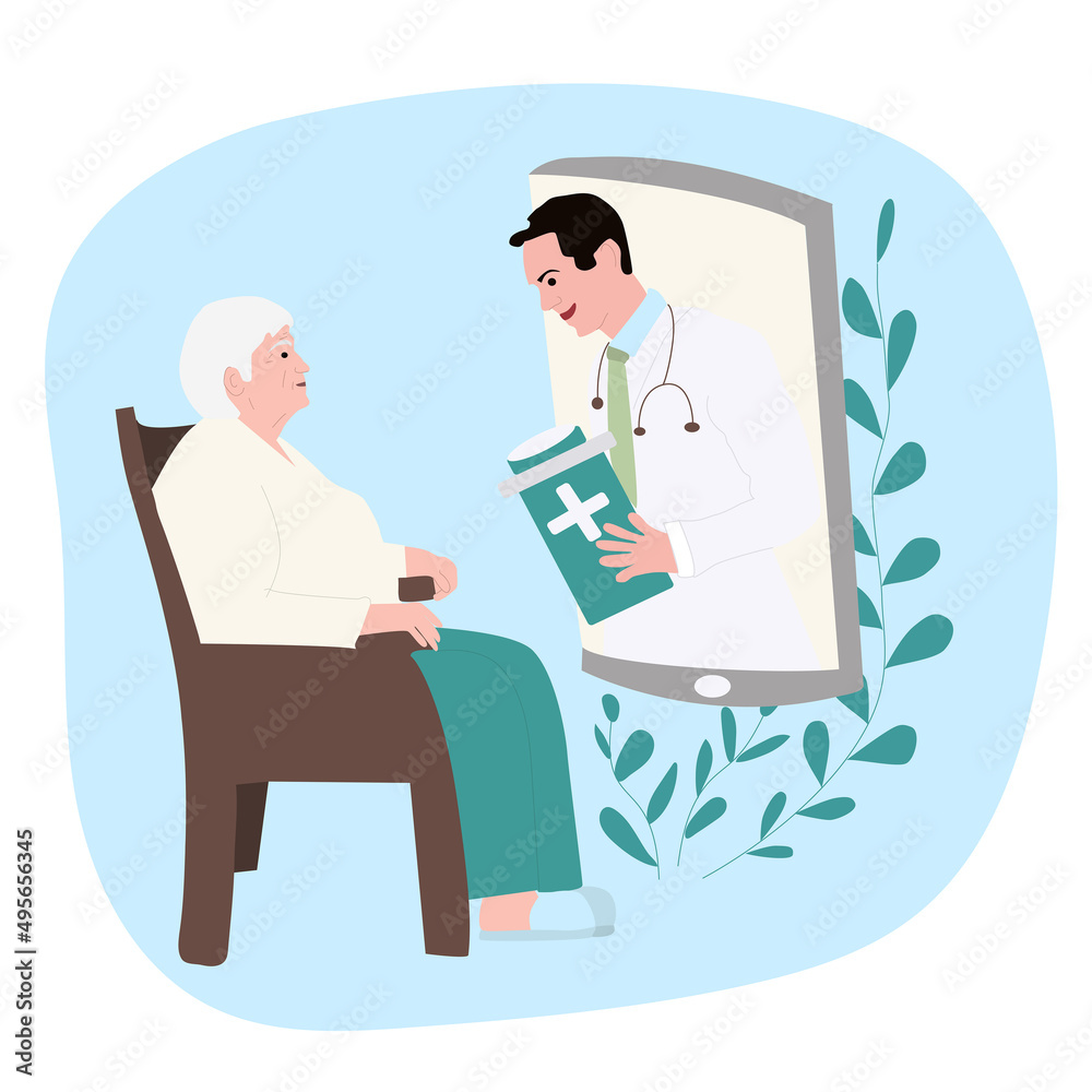 Online medicine and telehealth concept. Doctor consult elderly woman by mobile application Online medicine and telehealth concept. Doctor consult elderly woman by mobile application