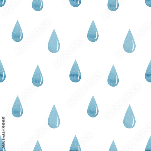 Watercolor seamless pattern with colorful light blue stains, drops of water, rain. Isolated on white background.