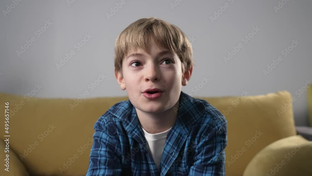 Boy having a video call at home. Child smiling and talking on living room background. View from web camera. Communication via internet with relatives, friends distantly, studying with teacher online. Boy having a video call at home. Child smiling and talking on living room background. View from web camera. Communication via internet with relatives, friends distantly, studying with teacher online.