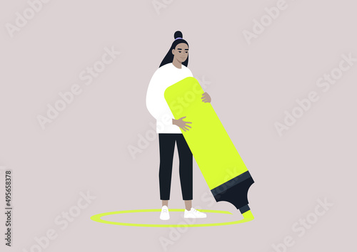 Young female Asian character drawing a circle around themselves with a huge highlighter, social distancing, depression and solitude, quarantine