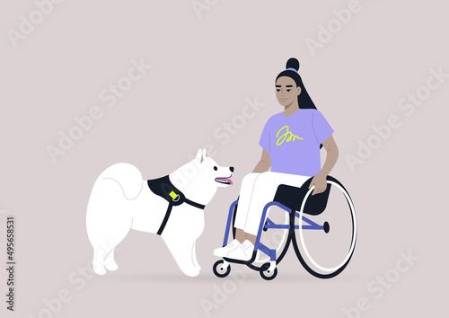 A young female Asian character in a wheelchair playing with a samoyed puppy, a friendship concept