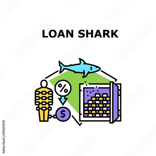 Loan Shark Bank Vector Icon Concept. Loan Shark Bank And Poor Man With Financial Difficulties. Client With Money Finance Problem Paying Credit And High Percent. Businessman Color Illustration