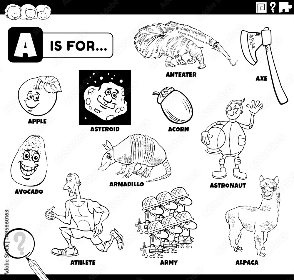 letter a words educational set for children coloring page