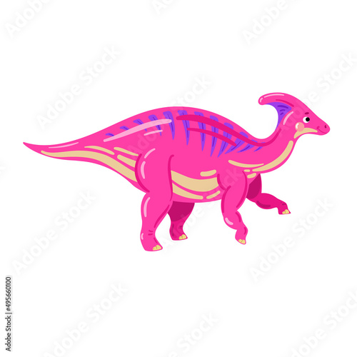 Pink dinosaur, vector illustration. Vector parasaurolophus illustration. Cute cartoon dinosaur.  © harmonia_green