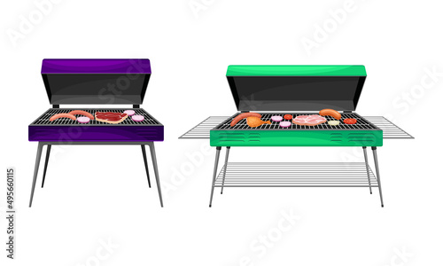 Barbecue grills with meat steaks. Equipment for bbq cooking vector illustration