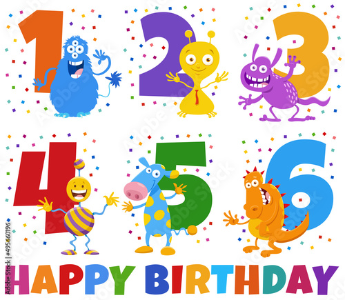 birthday greeting cards set with cartoon monster characters