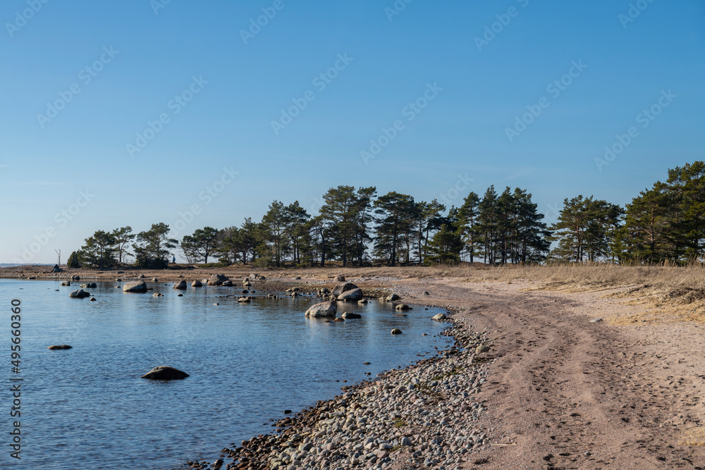 View of the shore and Gulf of Finland in spring, Furuvik nature preserve area, Hanko, Finland
