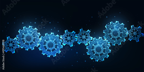 Futuristic hi tech technology concept banner with glowing low polygonal gears and cogs on dark blue