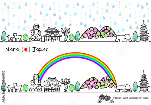梅雨の奈良の観光地の街並シンプル手描き線画セット