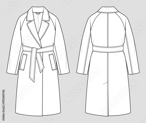 Coat with raglan sleeves and belt. Fashion sketch. Flat technical drawing. Vector illustration. photo
