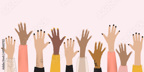 Raised hands and arms of multi ethnic international multicultural women. Anti racism, racial equality, feminism concept. woman community and cooperation, volunteer