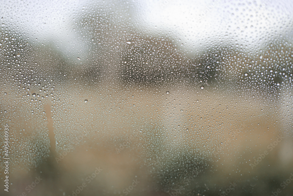 Concept. Water droplets on glass with blurry plants on the background. Concept. Water droplets on glass with blurry plants on the background.