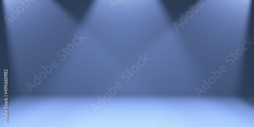 Blue empty background with three studio spotlights on top in the form of a cone with darkened edges. 3d render