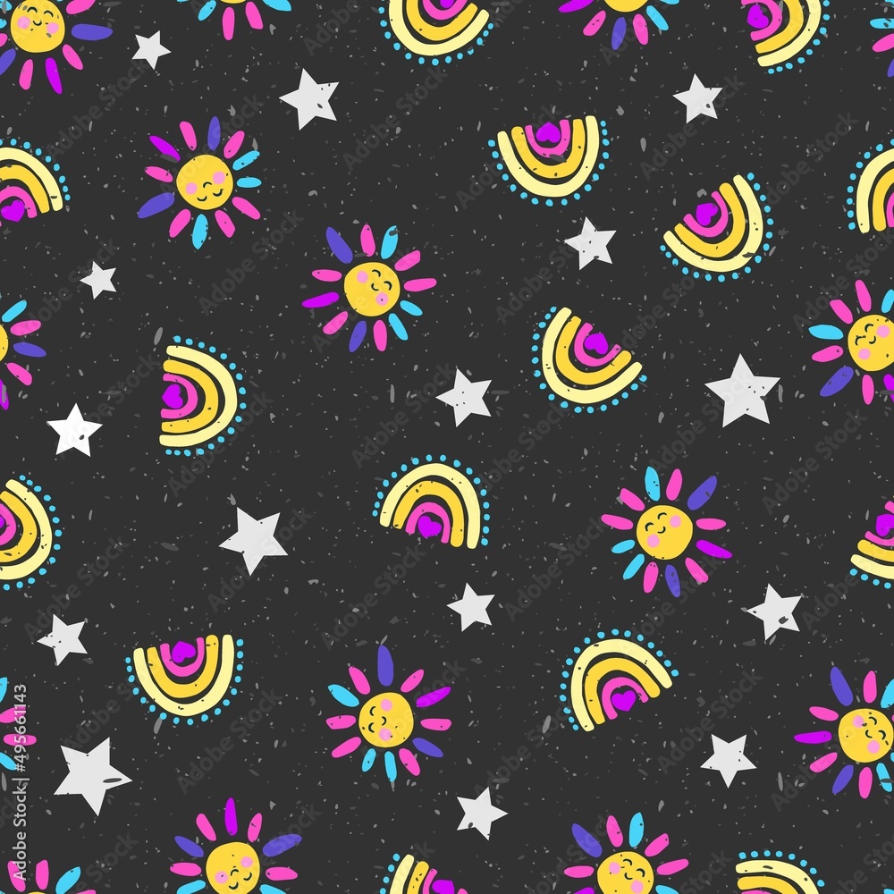 Cute Colorful Rainbows on Black Textured Background Vector Seamless Pattern