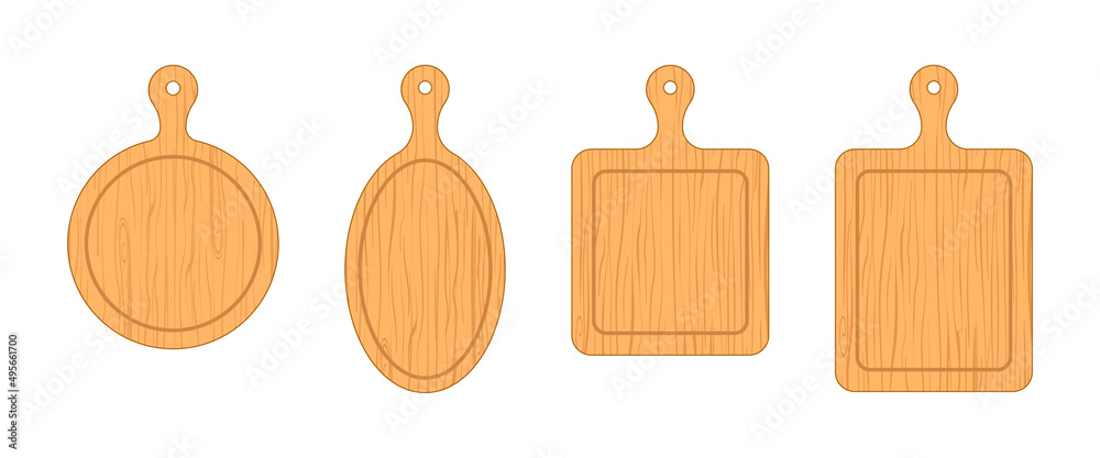 Wooden cut board. Cut board for chop, pizza and meat. Wooden kitchen boards. Wood texture for cooking of food. Wood plates isolated on white background. Vector Wooden cut board. Cut board for chop, pizza and meat. Wooden kitchen boards. Wood texture for cooking of food. Wood plates isolated on white background. Vector