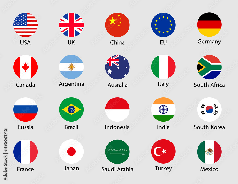 G20 country flags. G20 round icons. China, korea, brazil, mexico, usa, japan, indonesia, canada, france, argentina, saudi arabia, india, germany, south africa, italy, australia, turkey, uk. Vector