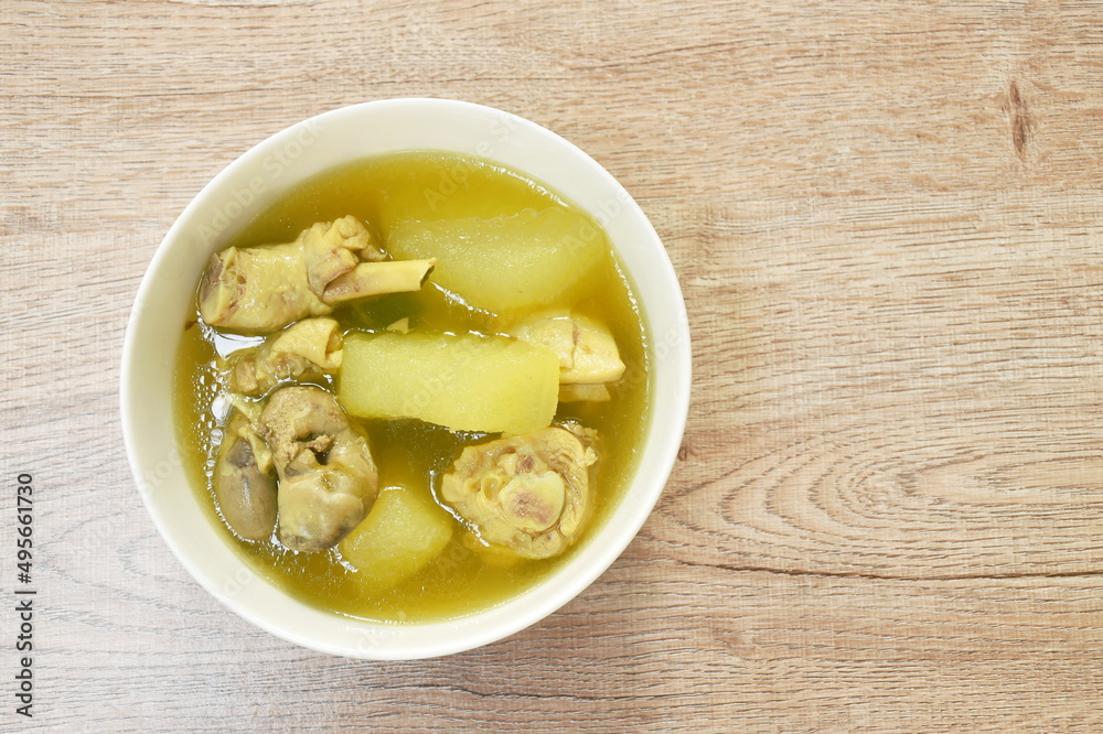 spicy boiled winter melon with chicken meat and liver in herb soup on bowl spicy boiled winter melon with chicken meat and liver in herb soup on bowl