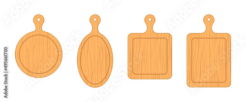 Wooden cut board. Cut board for chop, pizza and meat. Wooden kitchen boards. Wood texture for cooking of food. Wood plates isolated on white background. Vector