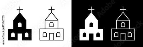 Church icon isolated on white and black background. Outline church icons. Pictogram of catholic building with cross. Chapel with steeple and cross. Religion vector illustration