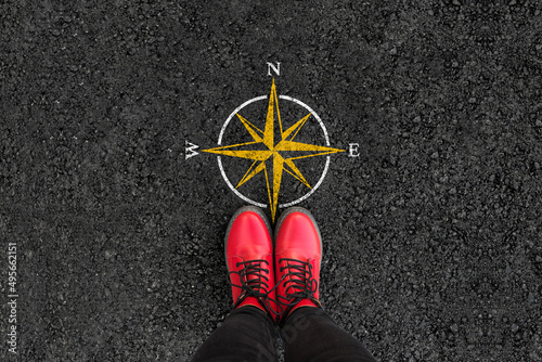 Cuadro en lienzo a woman with boots is standing next to compass sign on road asphalt