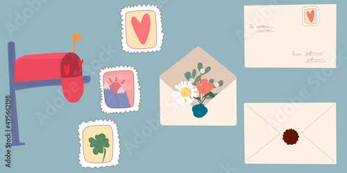 Set of mail envelopes, postage stamps, mailbox, postcards from crafted paper and letters. Drawn to manual free cartoon style