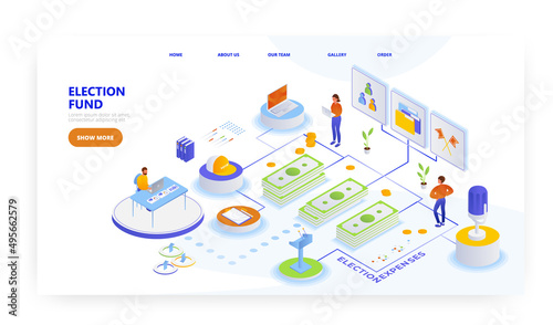 Election fund, landing page design, website banner vector template. Political campaign fundraising, finance and expenses