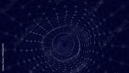 Abstract swirling wireframe tunnel. Futuristic wormhole. Space background with connecting dots. Blue tunnel grid. Concept of internet web. 3d rendering.