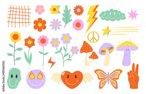 Vector groovy clipart collection. 70s, 80s, 90s vibes stickers. Retro flowers. mushrooms, emoji, hand, butterfly illustrations. Vintage nostalgia elements for design and print