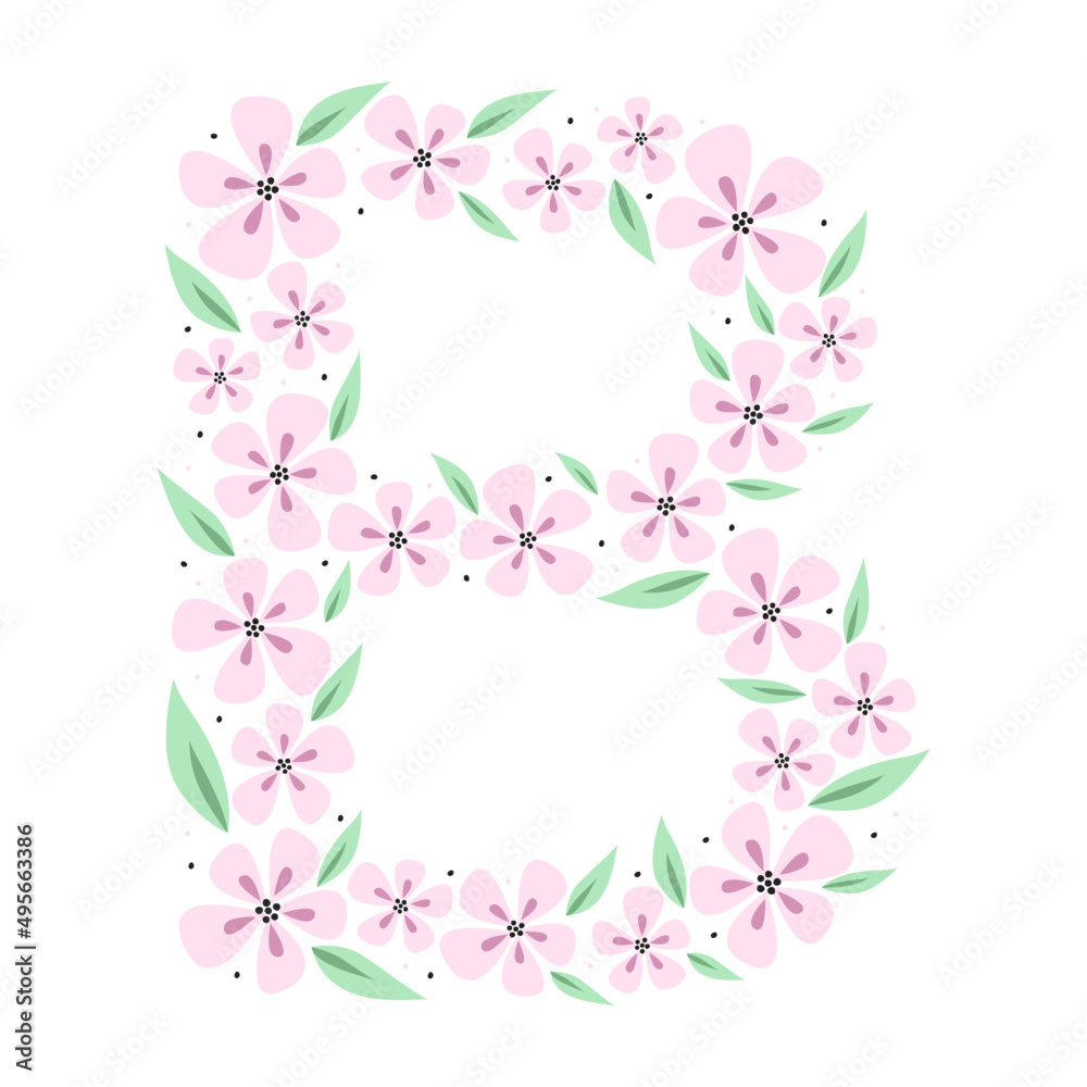 Floral botanical alphabet. Vintage hand drawn letter B. Letter with plants and flowers. Vector lettering isolated on white