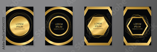 Vector cover black and gold design set with circles and hex. Templates for Brochures, Flyers, Mobile Technologies, Applications, and Online Services, Typographic Emblems, Cards, Posters