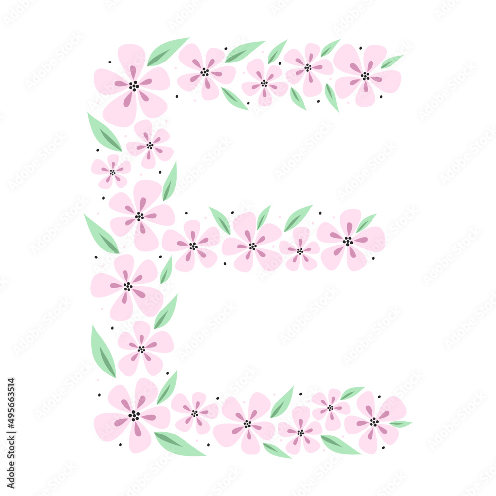 Floral botanical alphabet. Vintage hand drawn monogram letter E. Letter with plants and flowers. Vector lettering isolated on white