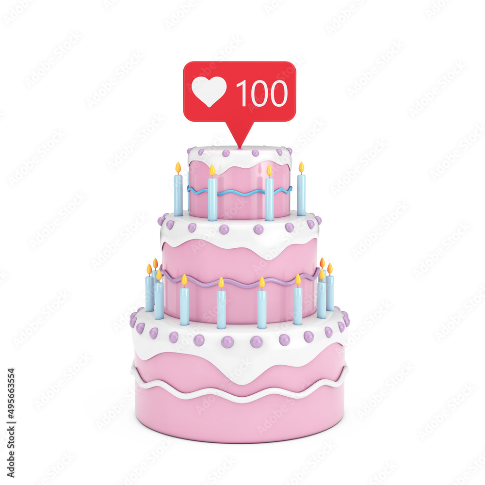 Cartoon Dessert Tiered Cake with Candles and Social Media Network Love and Like Heart Icon with One Hundred Followers Sign. 3d Rendering
