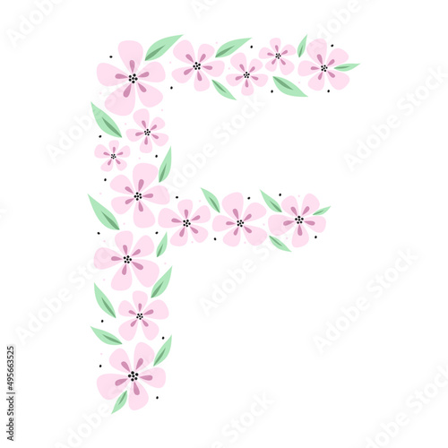 Floral botanical alphabet. Vintage hand drawn letter F. Letter with plants and flowers. Vector lettering isolated on white