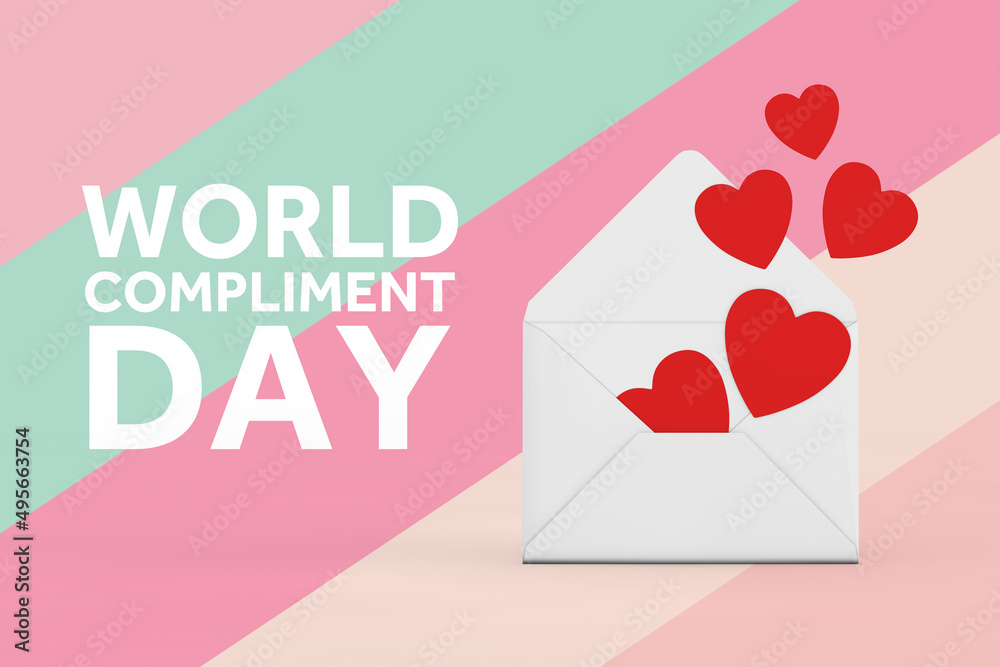 World Compliment Day Concept. Red Hearts Flying Out from White Blank Envelope and World Compliment Day Sign. 3d Rendering World Compliment Day Concept. Red Hearts Flying Out from White Blank Envelope and World Compliment Day Sign. 3d Rendering