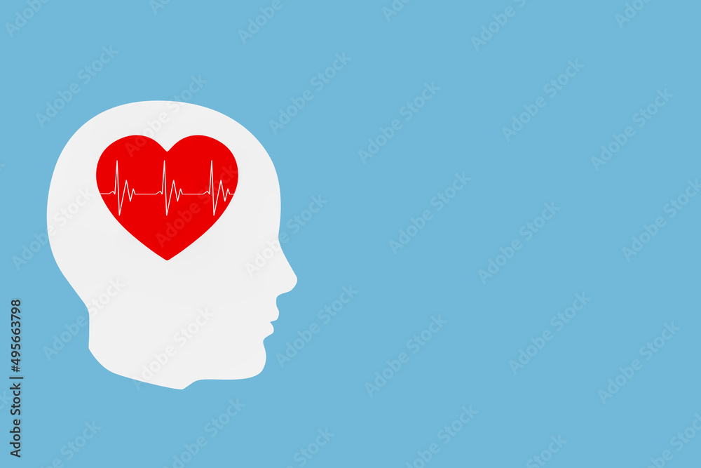 Mental Health Concept. White Abstract Head Contour with Red Heart and HeartBeat Pulse. 3d Rendering