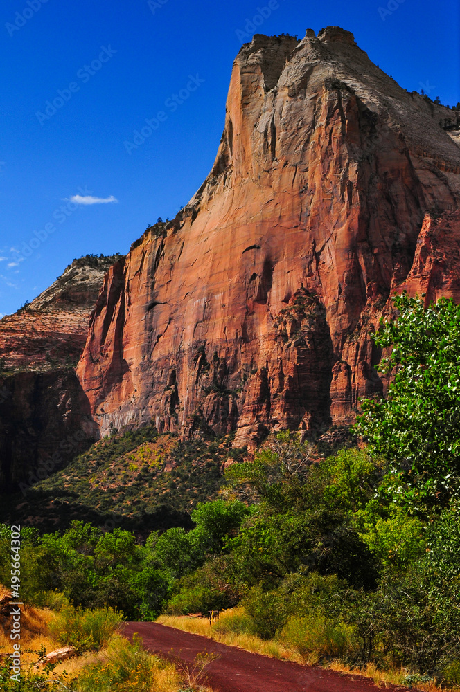 Abraham Peak, of the Court of the Patriarchs, towering above the Scenic Drive through the canyon of the Virgin River, Zion National Park, Utah, Southwest USA