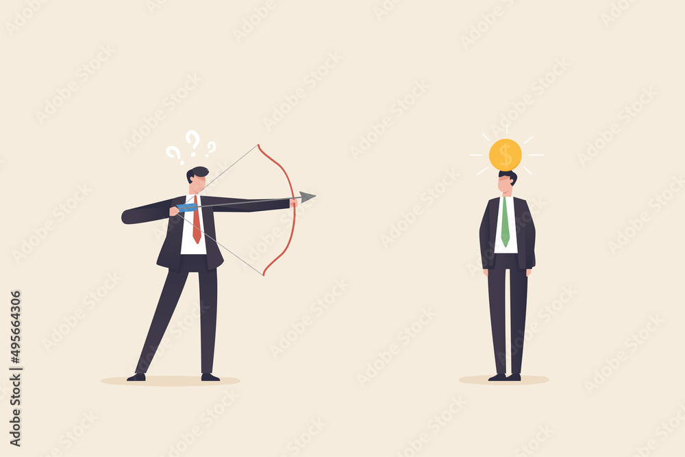 Business risk concept. Investment risk, gambling, uncertainty, possibility of losing money. Man aiming arrow at apple on another mans head Business risk concept. Investment risk, gambling, uncertainty, possibility of losing money. Man aiming arrow at apple on another mans head