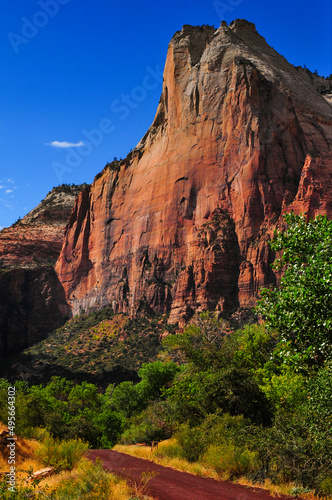 Abraham Peak, of the Court of the Patriarchs, towering above the Scenic Drive through the canyon of the Virgin River, Zion National Park, Utah, Southwest USA