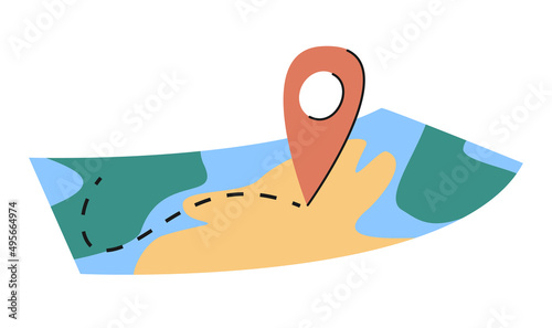Hand drawn cute cartoon illustration map with location pin or landmark. Flat vector travel sticker in simple colored doodle style. Migration, tourism, road icon or print. Isolated on white background