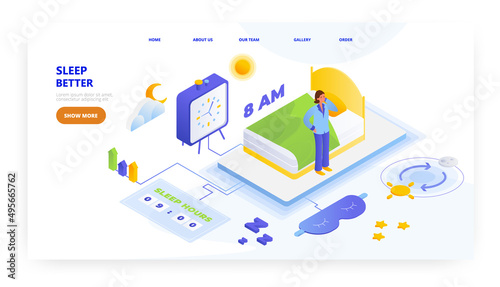 Sleep better, landing page design, website banner vector template. Sleep eye mask. Healthy circadian rhythm.