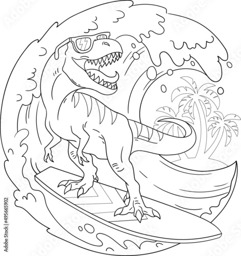 Happy tyrannosaurus surfer rides a sea wave. Vector outline for coloring page