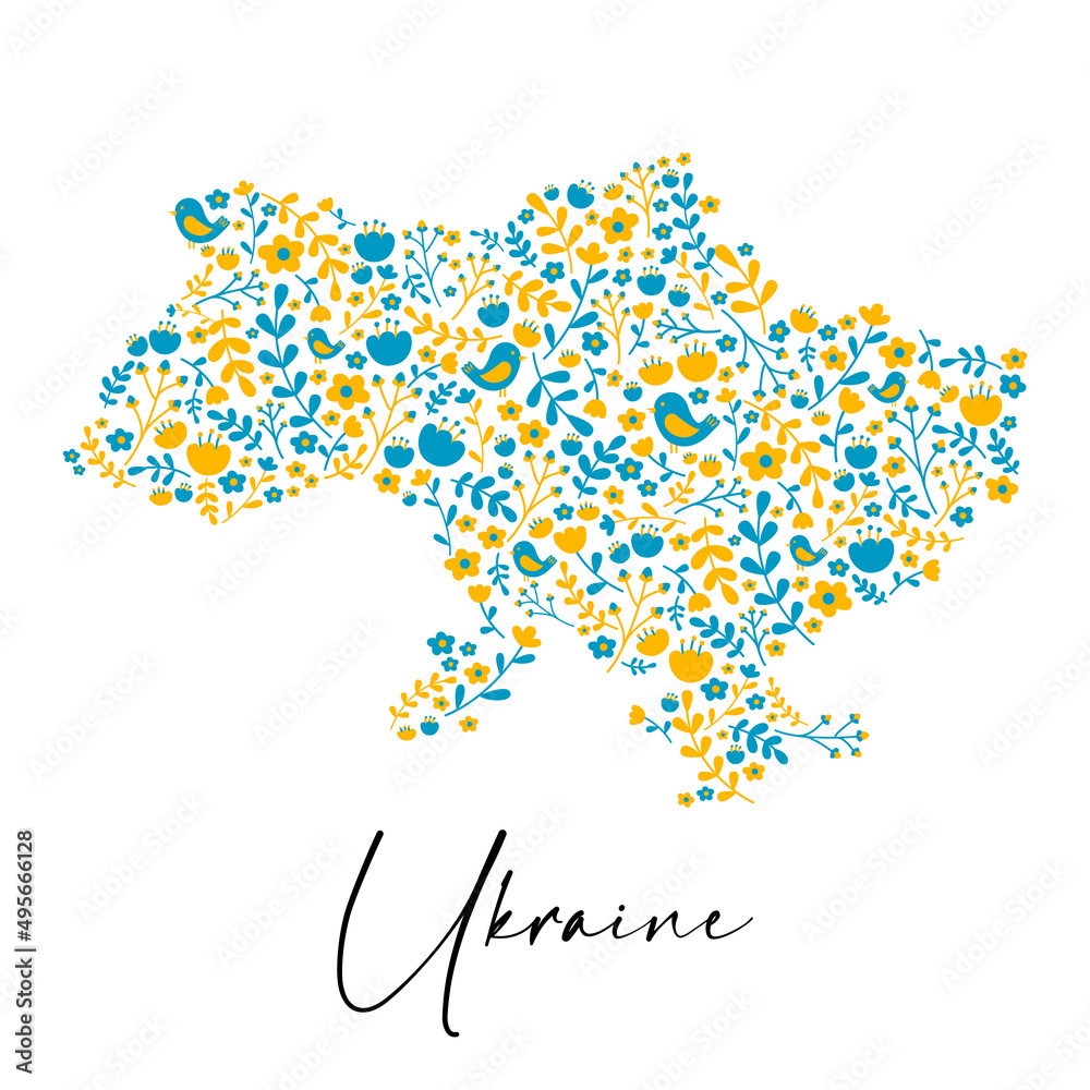 Fototapeta premium Floral map card. Cute flowers arranged un a shape of the map in colors of Ukraine flag