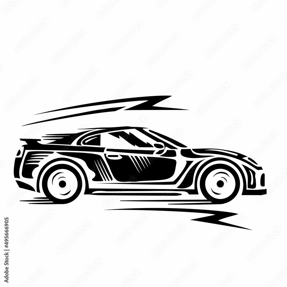 stylized car in a sports style in profile, logo, isolated object on a white background, vector, stylized car in a sports style in profile, logo, isolated object on a white background, vector,