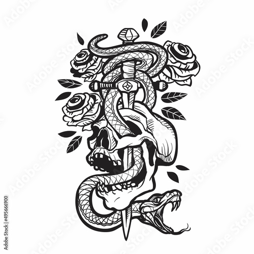 vintage tattoo of a skull in which a dagger is stuck and a snake wraps around a background of roses, logo, isolated object on a white background, vector,