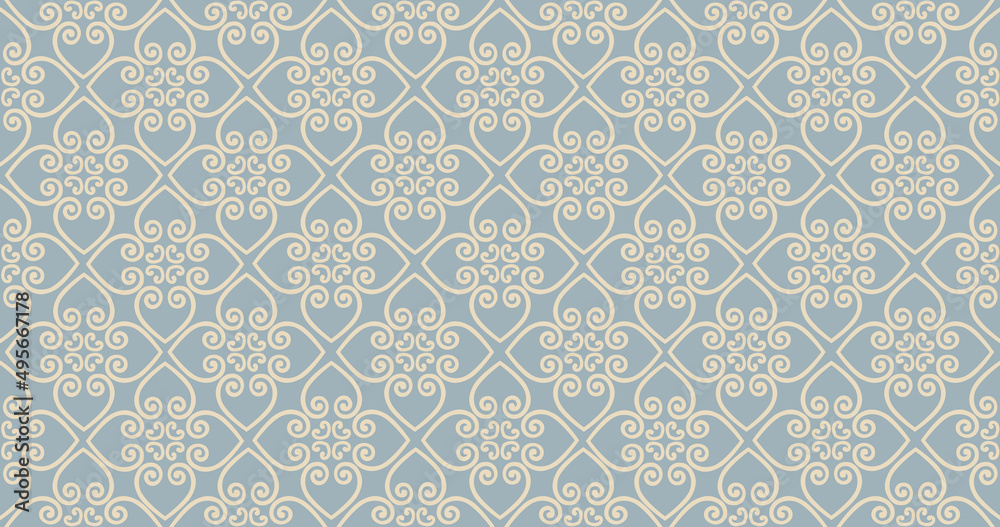 Abstract seamless pattern. Arabic line ornament with geometric shapes. Linear floral ornamental texture. Artistic backdrop in arab orient textile style.